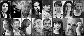 Crossing – Trilingual Poetry Reading; from left to right: Nafia Akdeniz, Zeki Ali, Melitis Apostolides, Max Czollek, Senem Gökel, Kerstin Hensel, Emel Kaya, Tabea Xenia Magyar, Lily Michaelides, Tamer Öncül, Kostas Patinios, Maria Siakalli, Achim Wagner, Marilena Zackheos, Gerd Adloff