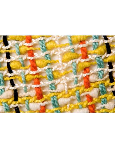 Kitty van der Mijll Dekker, Bauhaus Diplomarbeit, veelkleurig slingerbindingsweefsel voor katoenen bedsprei (detail), 1932, handgeweven katoen. TextielMuseum. 