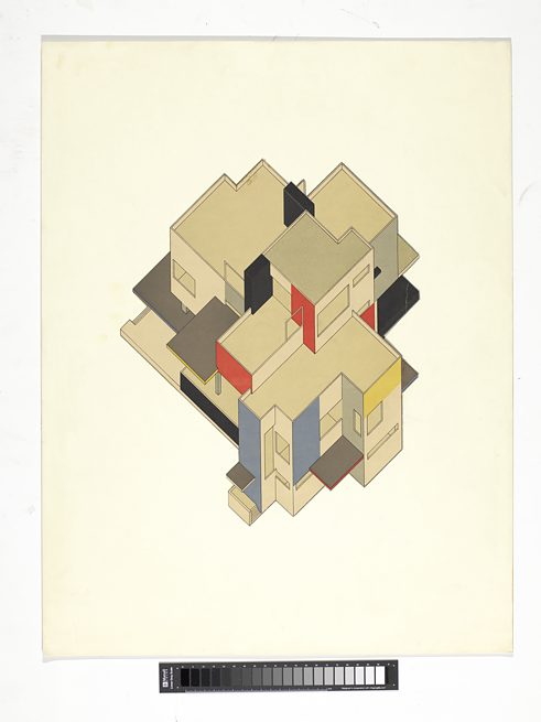 Theo van Doesburg, Axonometrie, gelithografeerd in de drukkerij van het Bauhaus in Weimar voor Adolf Behne’s Der Sieg der Farben, 1923-1924, Rijksmuseum Amsterdam. 