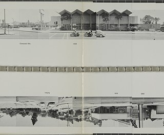 Continuous buildings along both sides of the Sunset Strip Los Angeles. Every Building on the Sunset Strip, by Edward Ruscha (1966). 
