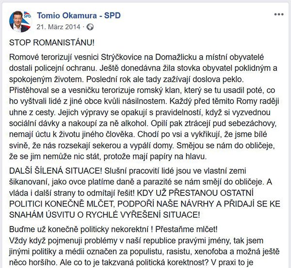facebookový profil Tomia Okamury
