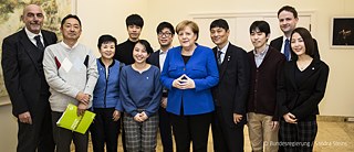 Chancellor Angela Merkel meets German students of the Goethe-Institut in Tokyo