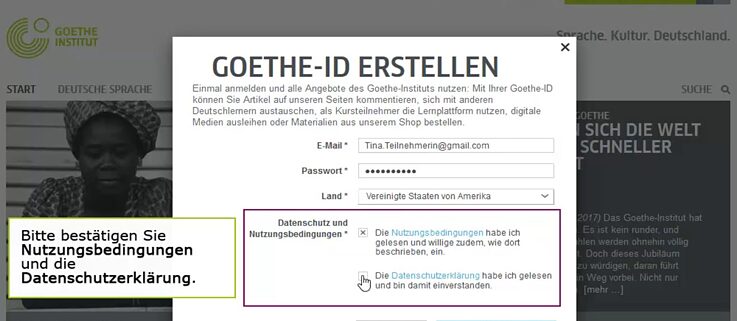 Registrierung und Erstanmeldung auf Mein Goethe.de