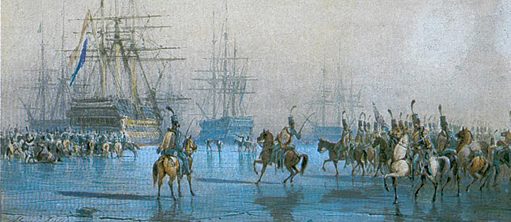 Aquarelle peinte par Léon Morel-Fatio représentant la capture de la flotte Hollandaise au Helder le 23 Janvier 1795
