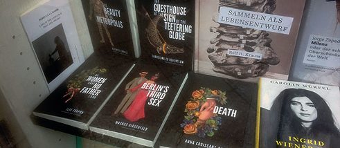 Rixdorf Editions titles in a bookshop window, Kreuzberg, Berlin.