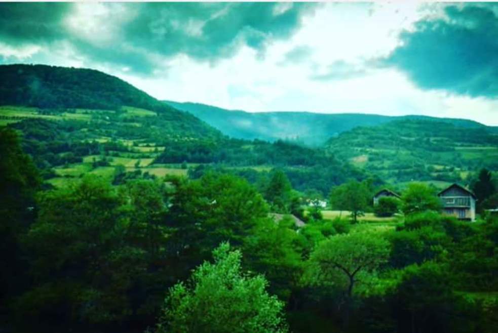 Blurry photo of the green Travnik mountains.