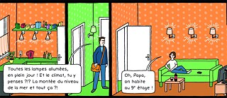 Vater und Sohn in hell erleuchteten Räumen