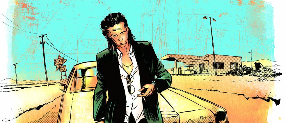 Nick Cave vor einem Auto auf dem Highway