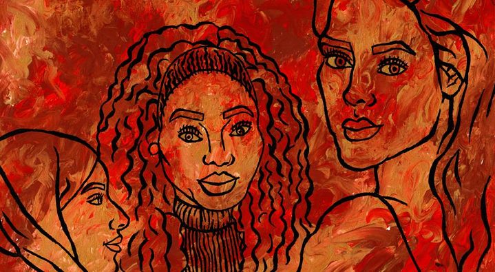 رسم لثلاث نساء على خلفية حمراء برتقالية.