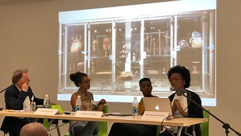 Johannes Odenthal, Isabel Katjavivi, Nelago Shilongo and NoNtobeko Ntombela (left to right) during the symposium at the Goethe-Institut Namibia