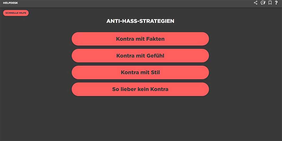 <b>Helpdesk der neuen Medienmacher</b><br>Der <a href="https://helpdesk.neuemedienmacher.de/" target="_blank">Helpdesk der neuen Medienmacher</a> setzt sich gegen Hassrede im Internet ein. Betroffenen wird schnelle Hilfe geboten, beispielsweise mit „Anti-Hass-Strategien“, die erklären, wie man Beleidigungen im Netz mit Gefühl und Fakten stilvoll kontert. Mit wissenschaftlichen und rechtlichen Informationen wird Aufklärungsarbeit betrieben, die Hassrede vorbeugen soll. Zudem unterstützt der Helpdesk Menschen dabei, aktiv gegen Hass im Internet vorzugehen. Das geschieht unter anderem über ein Netzwerk von Meldestellen und eine Anleitung zum Abmahnen von Hassrede.