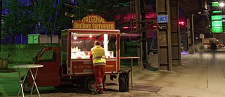 <i>Currywurst</i> snack stand in Berlin, the birthplace of the spicy, saucy, German sausage speciality.