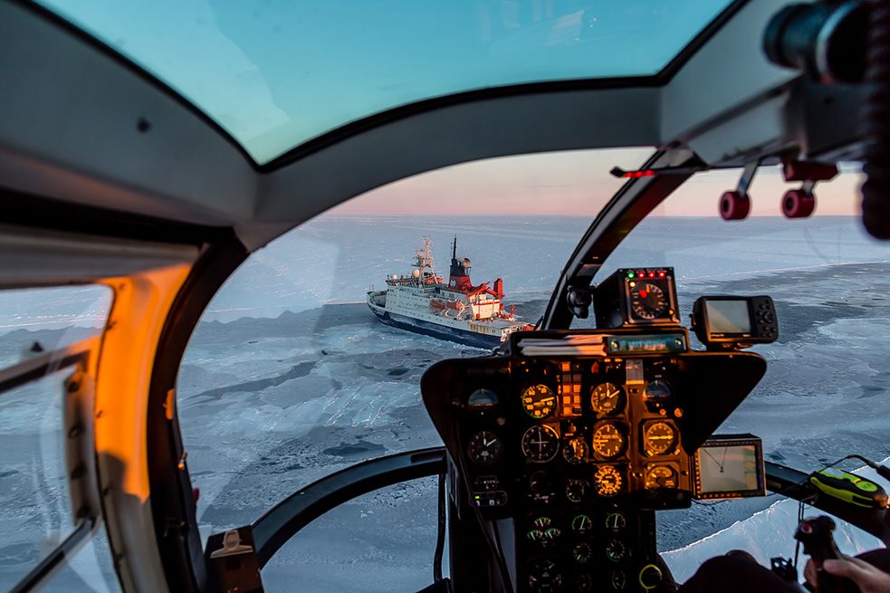 Three additional icebreakers and airplanes will keep the team supplied; helicopters, snowcats and snowmobiles will transport people and material.