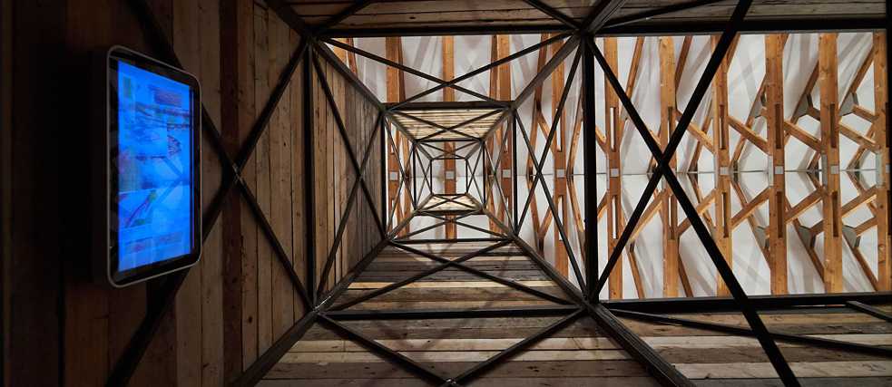 Interior view of the der oilrig installation by Marco Montiel Soto in the Kapellhaus next to the German church in Baku