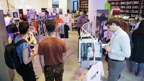 Visitors at the exhibition opening in New York