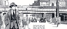 Comic-Szene: Ein Mann mit Hut und Trenchcoat steht an einer belebten Straßenecke im Berlin der 1920er Jahre. 