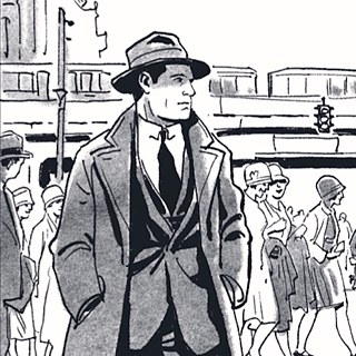 Comic-Szene: Ein Mann mit Hut und Trenchcoat steht an einer belebten Straßenecke im Berlin der 1920er Jahre. 