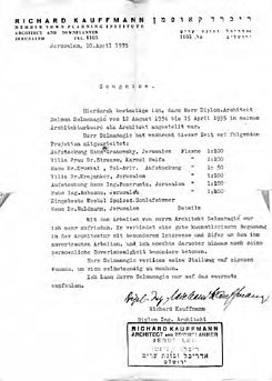 Bestätigung über die Mitarbeit im Büro von R. Kauffmann, 1935.