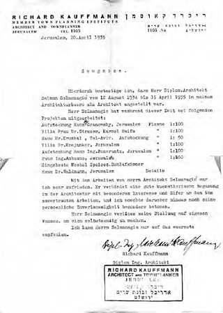 Bestätigung über die Mitarbeit im Büro von R. Kauffmann, 1935.