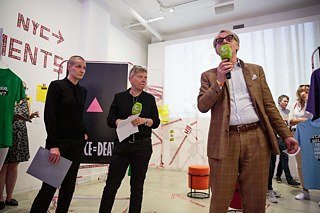 When the work is done: curators Carina Klugbauer and Birgit Bosold with Goethe-Institut director Georg Blochmann at the exhibition opening in New York