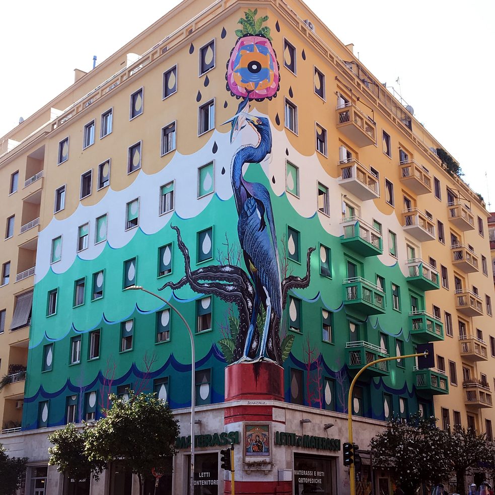 Street Art gegen Umweltverschmutzung (Rom, Italien). „Hunting Pollution“  ist das größte Murales Europas. Das Street Art-Werk (2018) stammt von dem Künstler Iena Cruz, der die Smog fressende Farbe Airlite verwendet hat, die Schadstoffe wie 30 Bäume absorbiert.