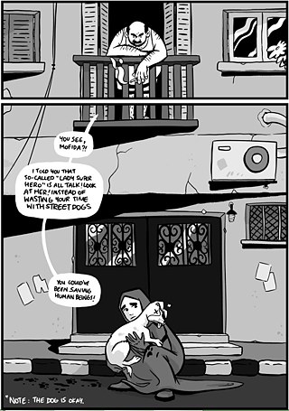 Comic slide showing a man shouting at the superhero, who is saving a dog, that she should be saving human beings instead.