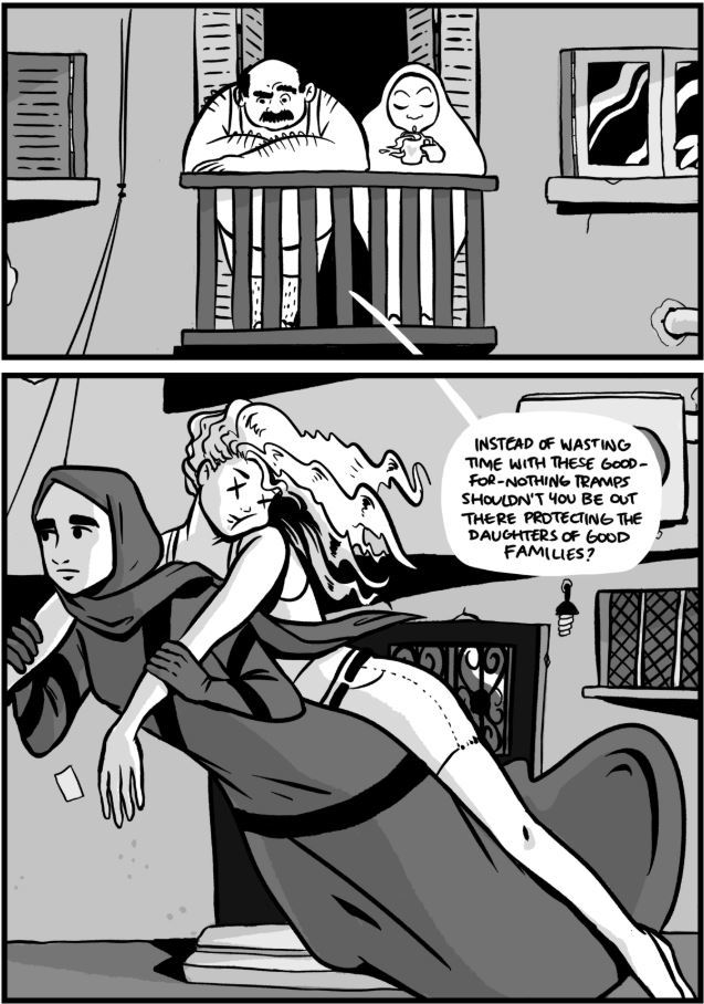 Comic slide showing a man shouting at the superhero, who is saving a woman in short clothes, that she should be saving daughters from good families instead.