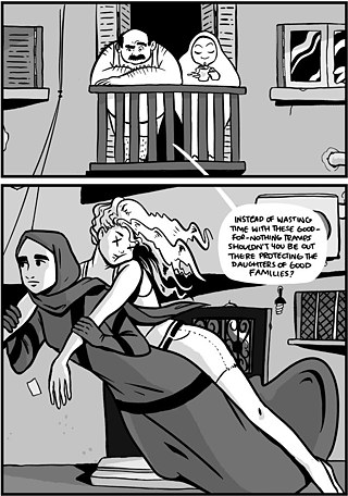 Comic slide showing a man shouting at the superhero, who is saving a woman in short clothes, that she should be saving daughters from good families instead.