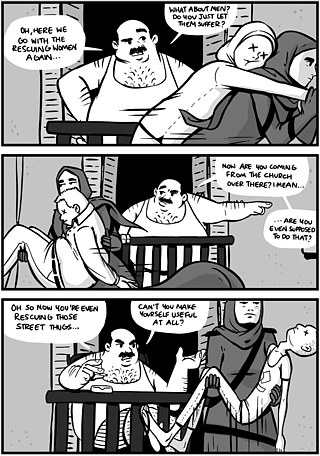 Comic slide showing a man shouting at the superhero, who is carrying a women, then a man, and then a person from the street, criticising saving women again, saving someone who goes to church and a "thug".