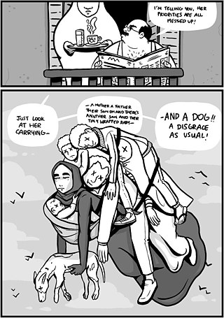 Comic slide showing the superhero carrying a mother, father, their children as well as a dog, while the man shouts at her that she her priorities are messed up.