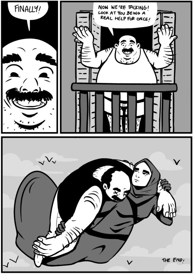 Comic slide showing the superhero carrying a man, with the shouting man exclaiming that she is finally being a real help.