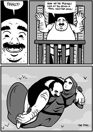 Comic slide showing the superhero carrying a man, with the shouting man exclaiming that she is finally being a real help.