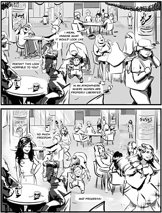 Comic slide of the two men sitting at a table in a café, one of them wondering out loud what the world would look like, if it were properly liberarated. Second comic image showing the women in the upper picture without headscarves.
