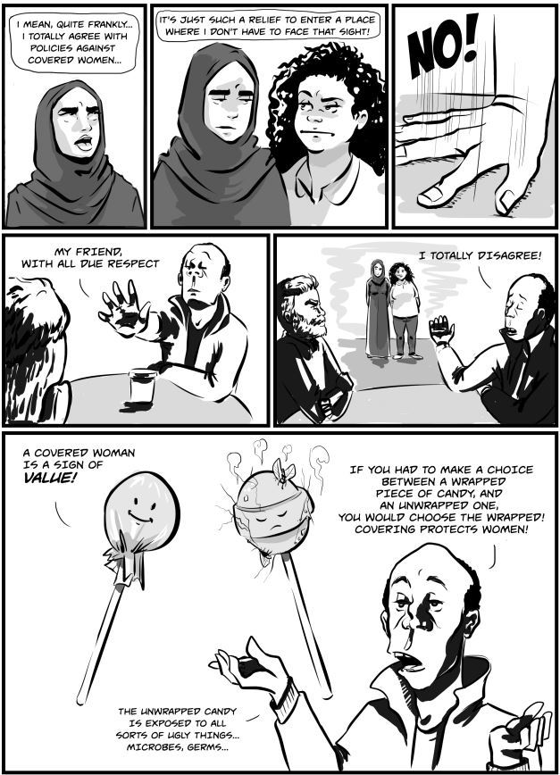 Comic slide, the other man disagreeing, comparing women to candy, saying that being covered is a sign of value, with an uncovered women being like unwrapped candy that is exposed to germs. The two women are looking on.