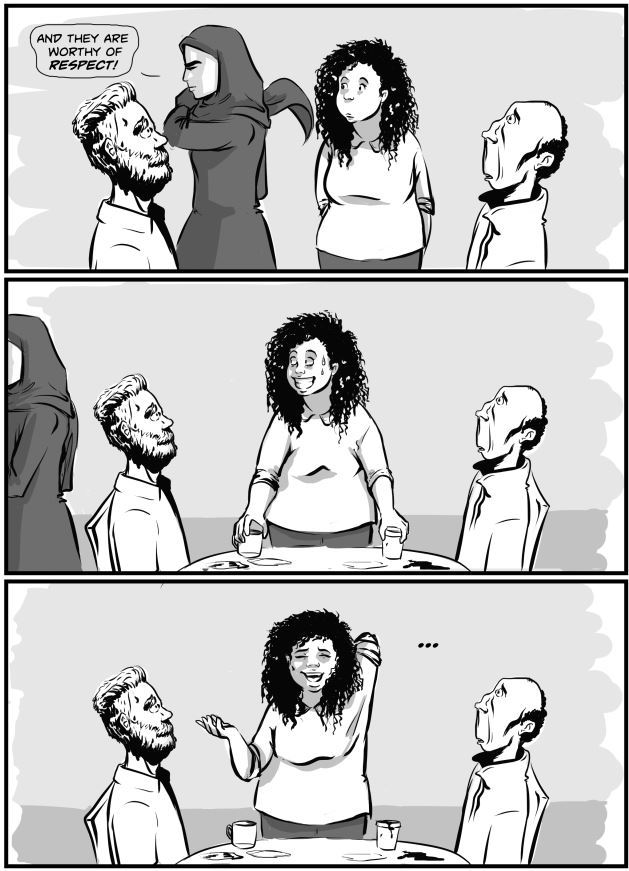 Comic slide of the women walking off, while the men sit back shocked.