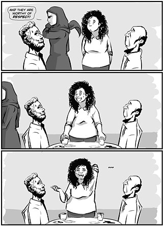 Comicstrip, in dem die Frauen die Männer am Tisch geschockt zurücklassen