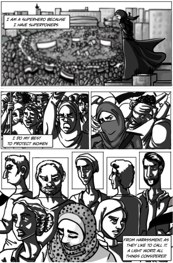Ein Comicstrip mit einer muslimischen Superheldin. Sie schaut hinab auf Frauen bei einem Protest, die sie vor Belästigungen beschützt.