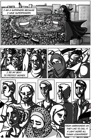 Ein Comicstrip mit einer muslimischen Superheldin. Sie schaut hinab auf Frauen bei einem Protest, die sie vor Belästigungen beschützt.