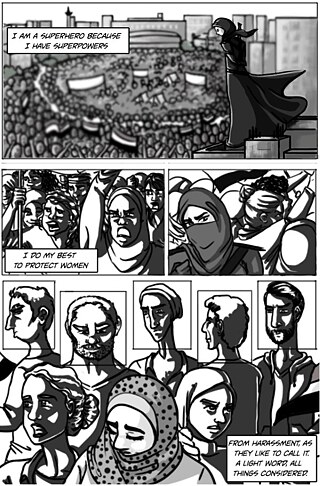 Ein Comicstrip mit einer muslimischen Superheldin. Sie schaut hinab auf Frauen bei einem Protest, die sie vor Belästigungen beschützt.