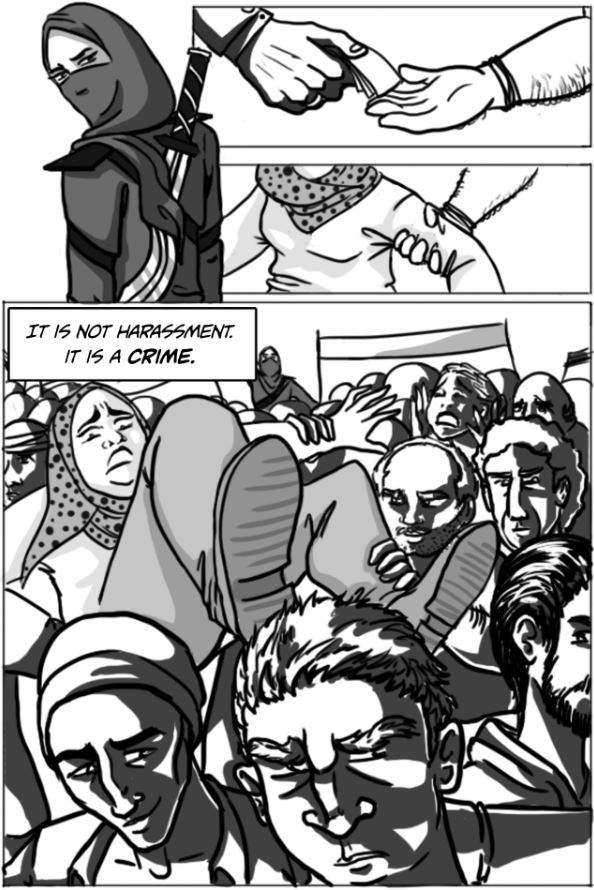 Comic slide showing the superhero watching a women being dragged away by men.