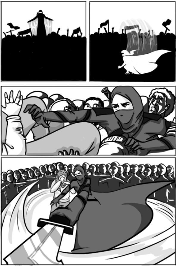 Comic slide showing the muslim swooping in and saving a woman from sexual harassment.
