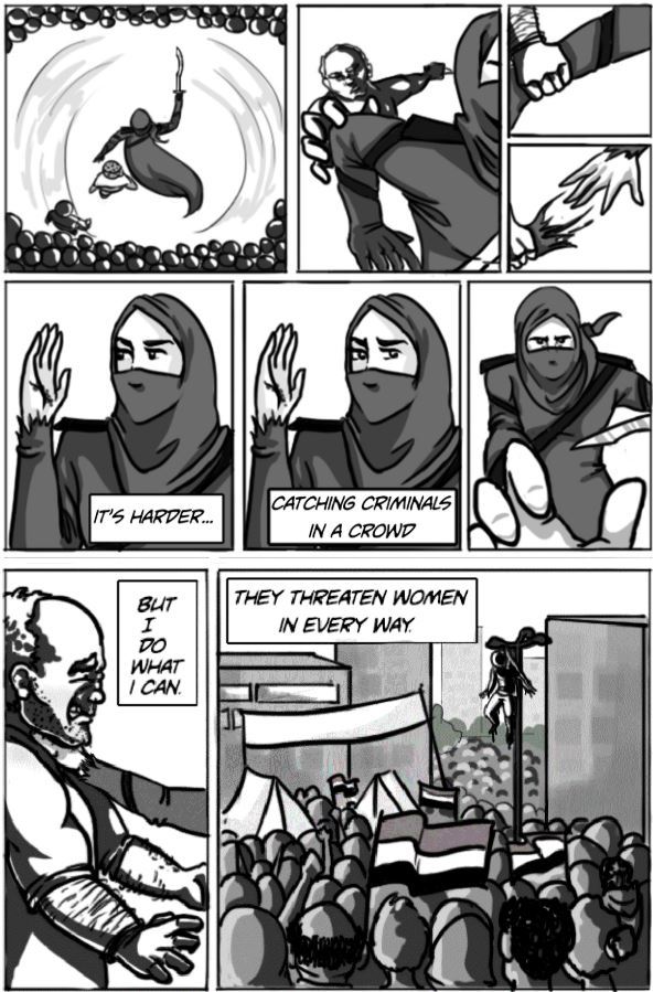 Comic slide showing the superhero and a crowd, stating that it is harder to catch criminals in a crowd.