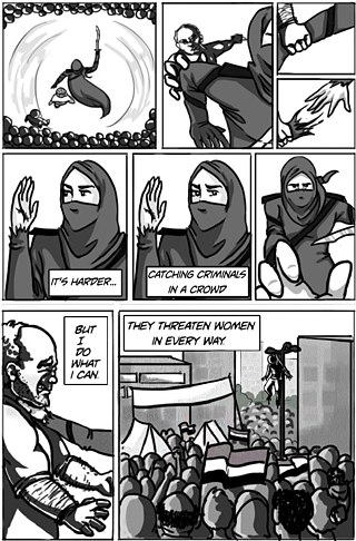 Comic slide showing the superhero and a crowd, stating that it is harder to catch criminals in a crowd.