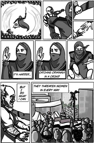 Ein Comicstrip mit der Superheldin inmitten einer Menschenmenge, wo es für sie schwieriger ist, Täter zu fassen 