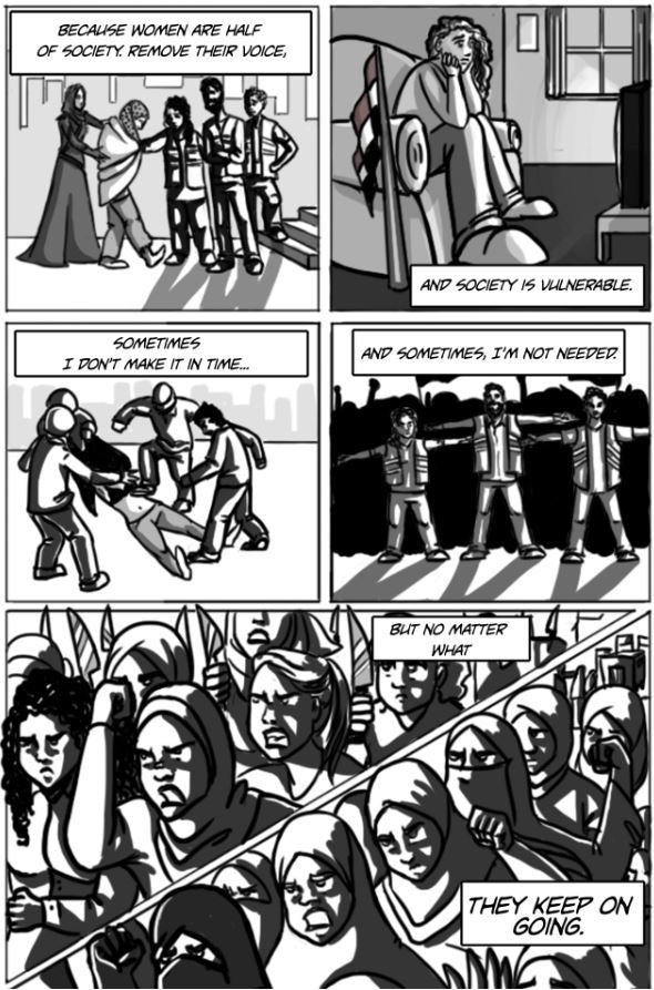 Comic slide with multiple images of a woman on the street, sitting in a chair at home, being beaten by men, being protected by men, stressing the importance of society becoming vulnerable if you remove the voices of women, as they make up half of society. 