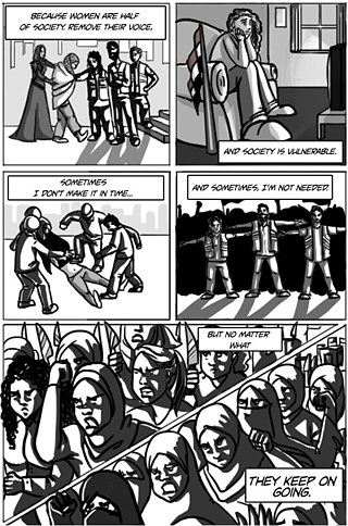 Comic slide with multiple images of a woman on the street, sitting in a chair at home, being beaten by men, being protected by men, stressing the importance of society becoming vulnerable if you remove the voices of women, as they make up half of society. 