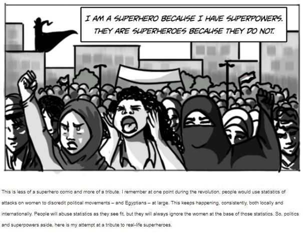 Comic slide with an image of women protesting and the statement "I am a superhero because I have superpowers, they are superheroes because they do not."