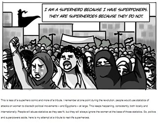 Ein Comic-Panel mit Demonstrantinnen. Der Text darüber: „Ich bin eine Superheldin, weil ich Superkräfte habe. Sie sind Superheldinnen, weil sie keine haben.“