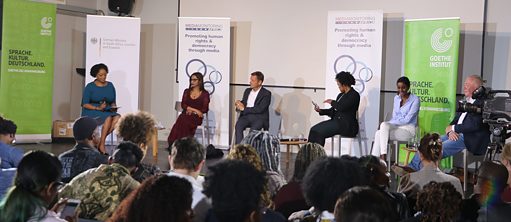 Panel at "Future of Journalism" (from left to right):Tsepiso Makwetla (SABC), Dr. Glenda Daniels (WITS Media Studies), Holger Stark (DIE ZEIT), Nikiwe Bikitsha (Broadcaster & Journalist), Verashni Pillay (Power FM) and Chris Vick (Spin doctor and Media strategist)