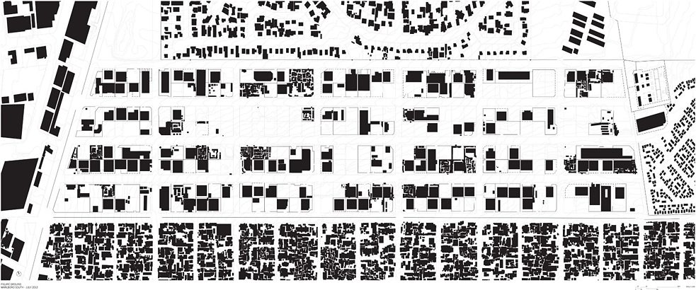 Figure Ground Map showing informal structures in Marlboro South bordering Alexandra Township. Image by 26’10 south Architects, based on mapping undertaken by students from the University of Johannesburg